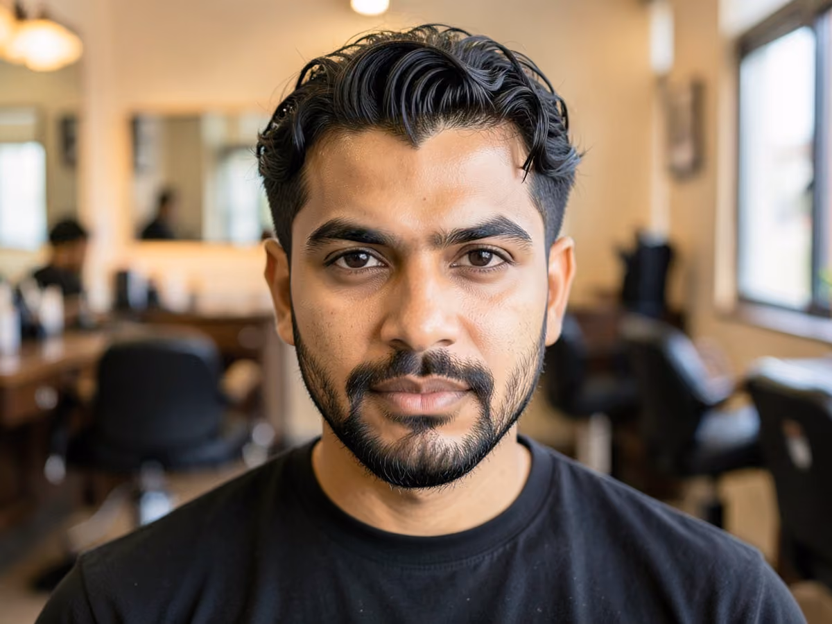 Man with a curls with widow's peak haircut