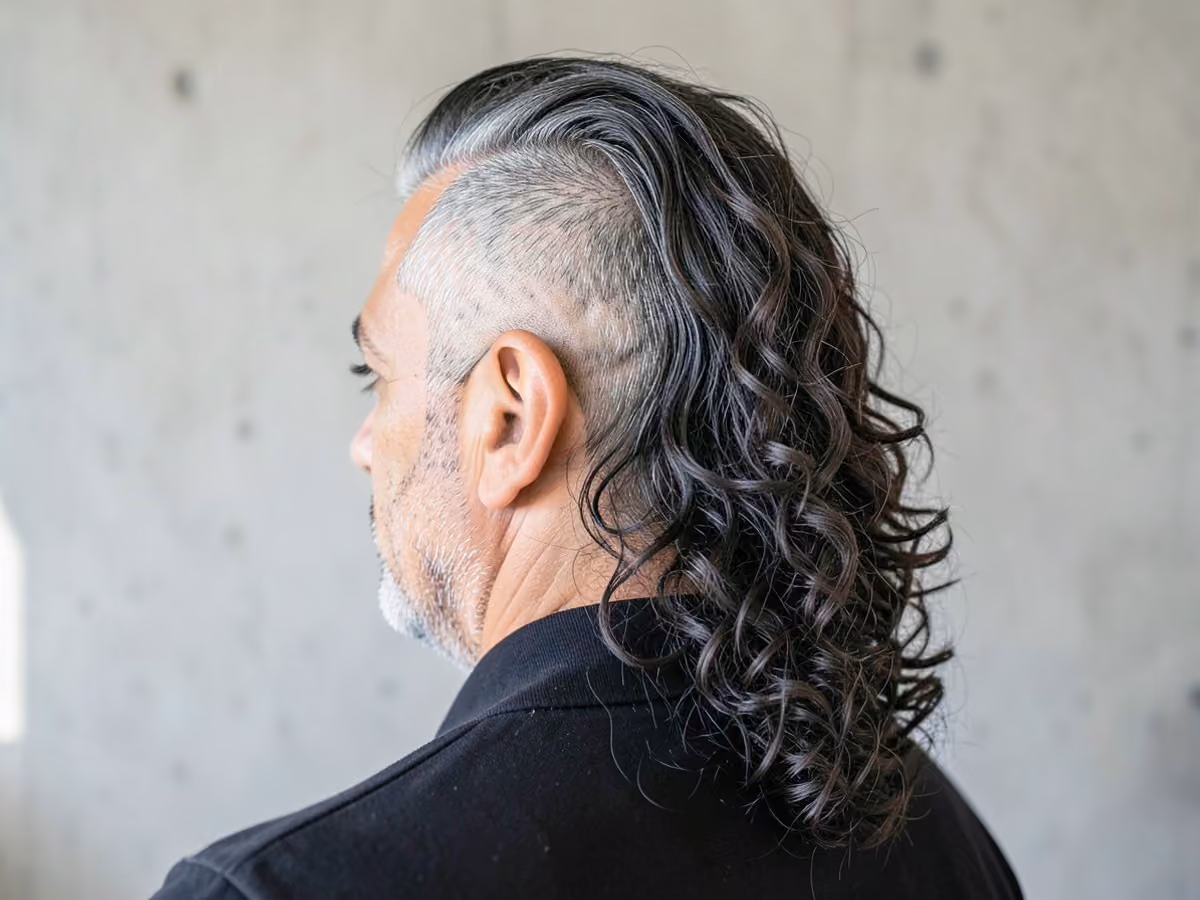 Man with a curly mullet with shaved sides