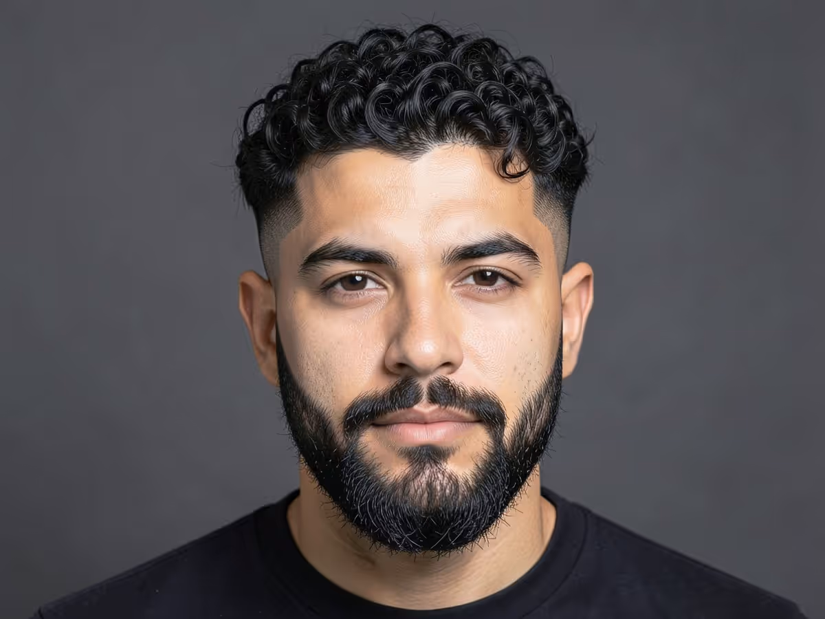 Man with a short curly top over a taper fade