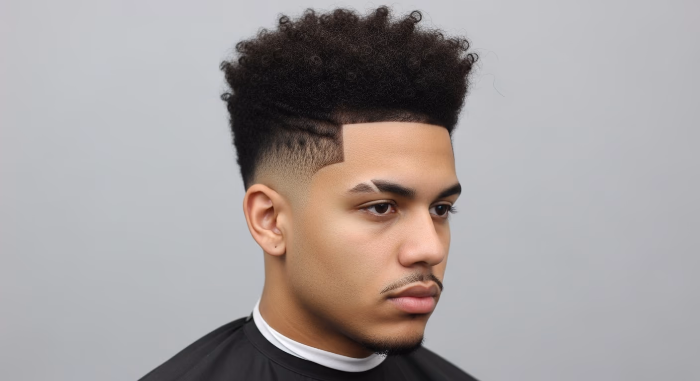 Hard Part Curly High Top Fade hairstyle for men 2026 — curly high top fade variation, best for men over 40, modern barbering by Master Stylist Jessica Hamilton