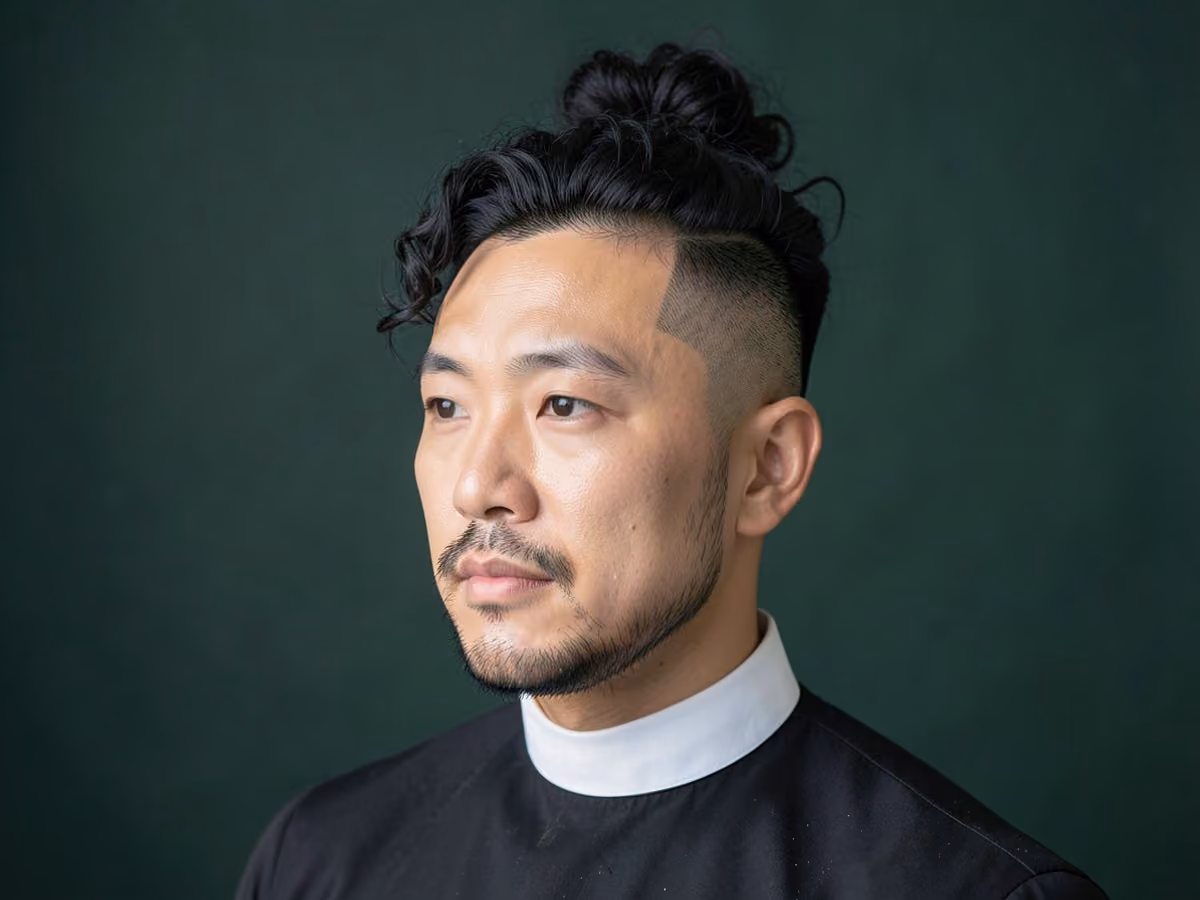 Man with a curly man bun undercut