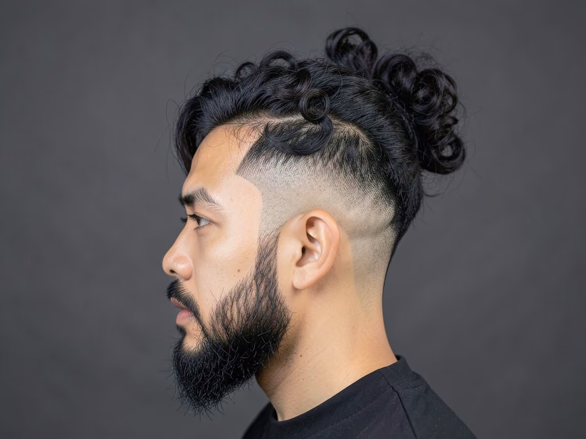 Man with a curly top knot undercut