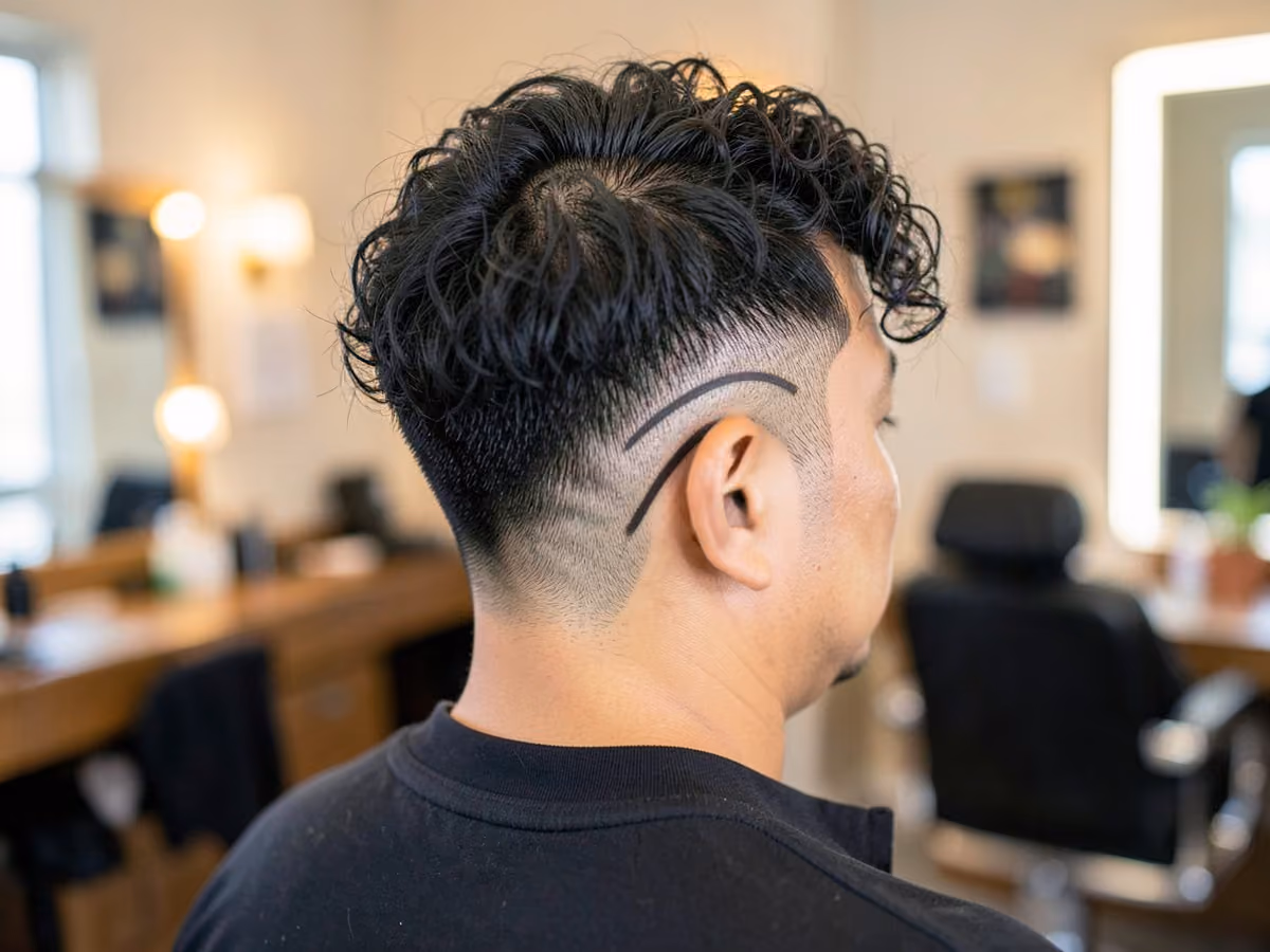 Man with a curly undercut with line design