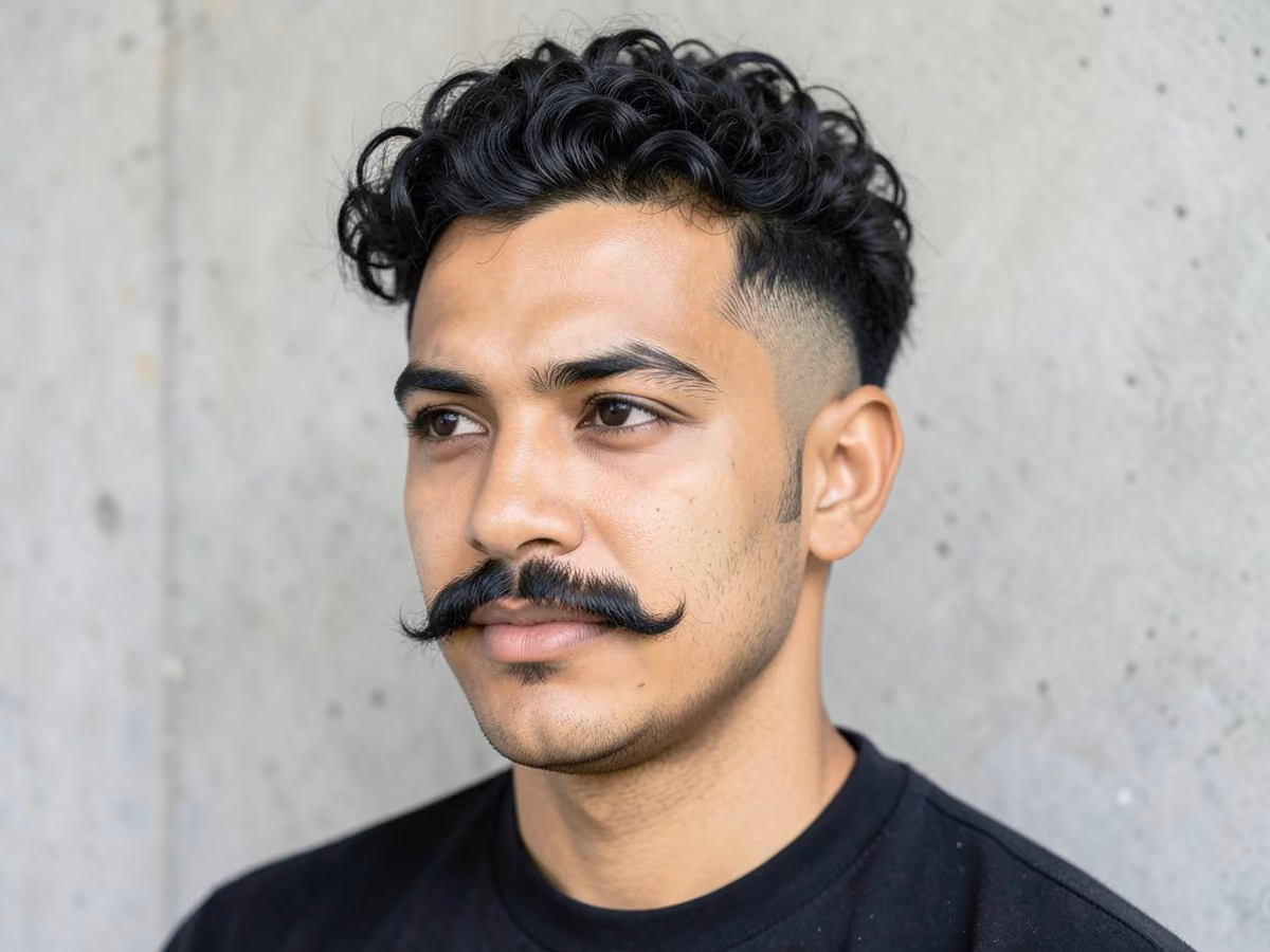 Man with a curly undercut with mustache