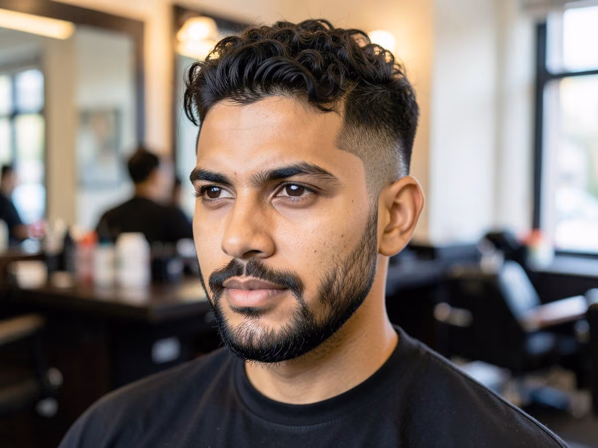 Man with a curly undercut with short boxed beard