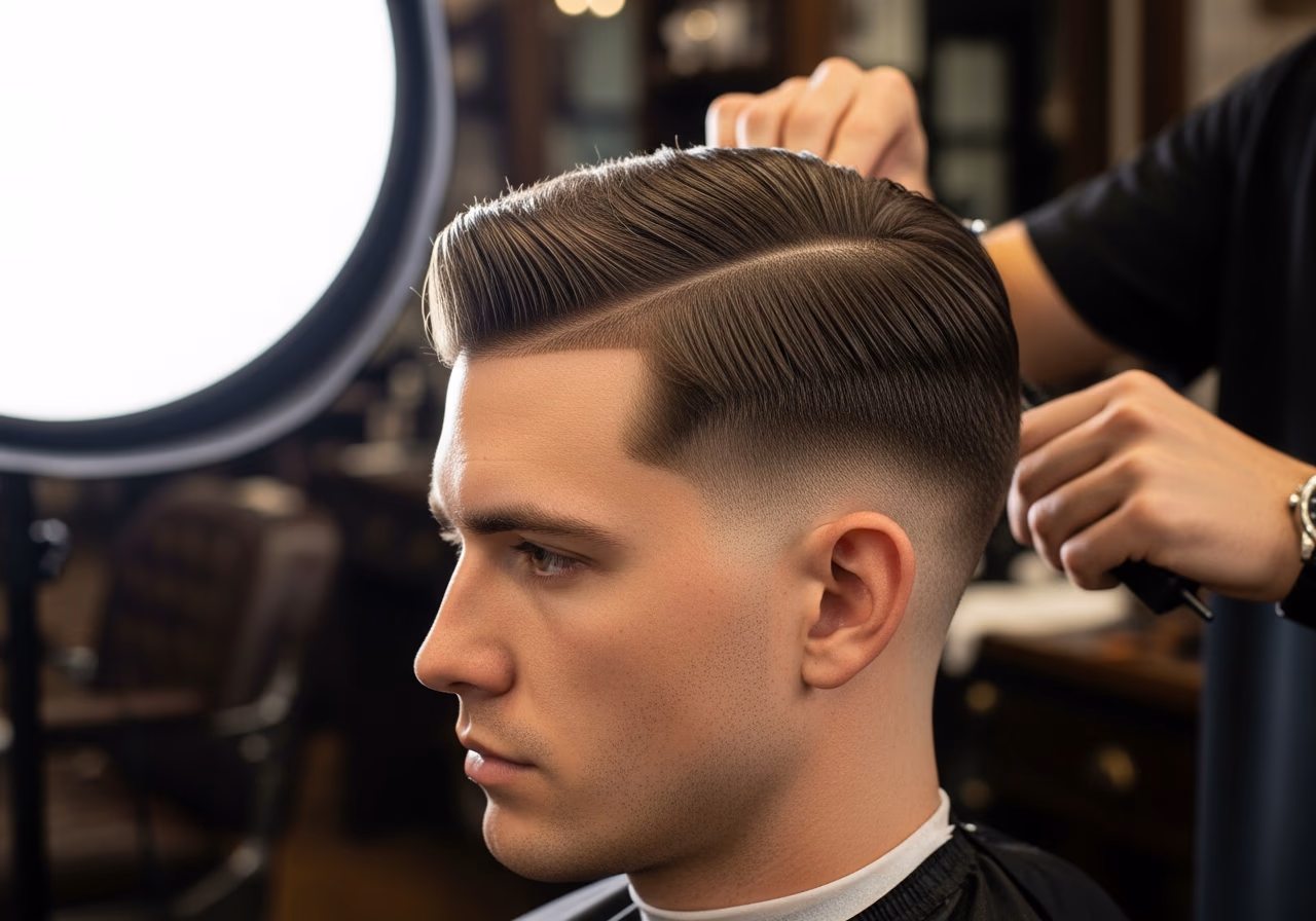 Clean Side Part with Temple Volume hairstyle for men 2026 — diamond face fades & crops variation, best for diamond faces + straight hair, modern barbering by Master Stylist Jessica Hamilton