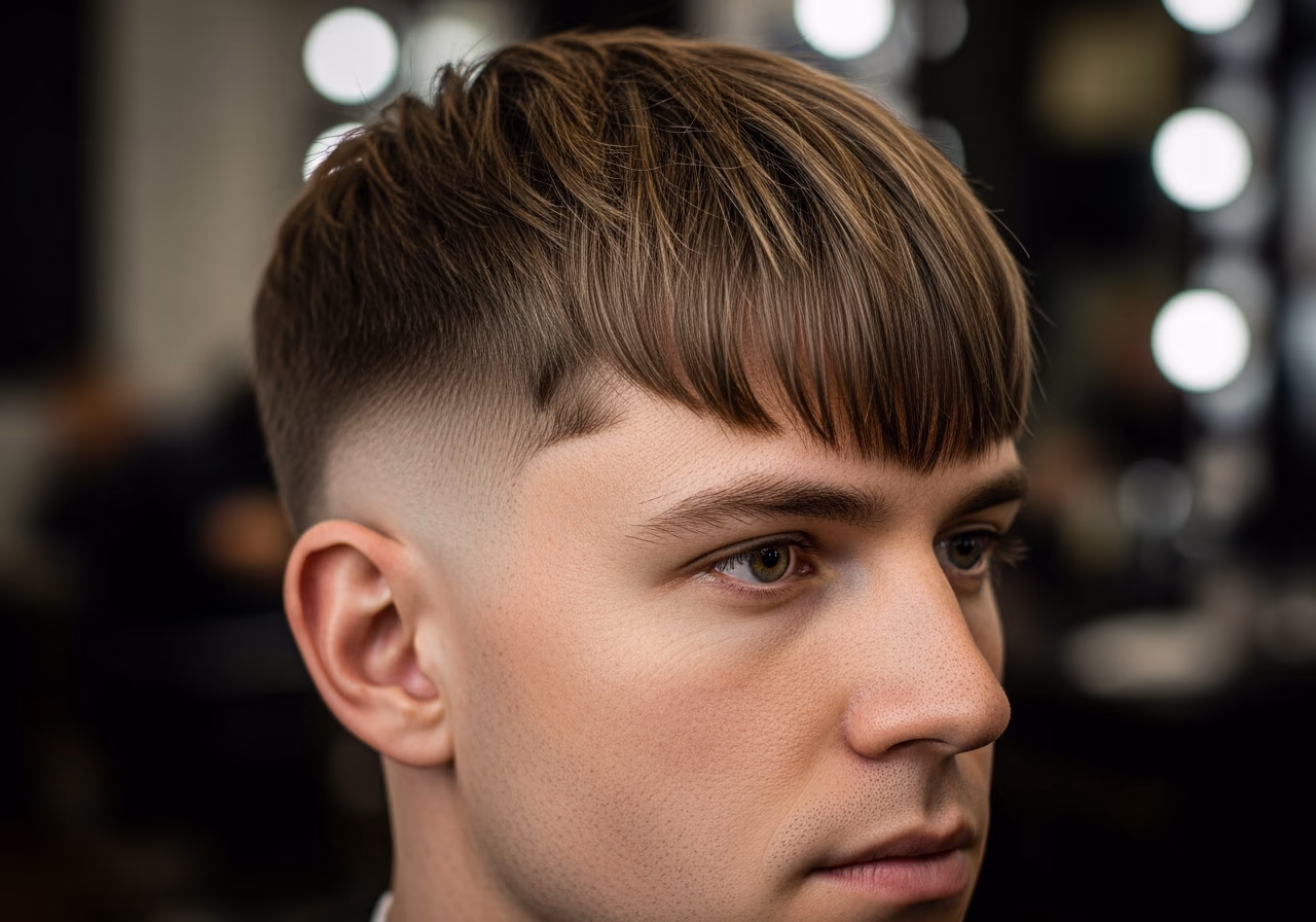Curtain Bangs Crop hairstyle for men 2026 — diamond face fades & crops variation, best for diamond faces + straight or wavy hair, modern barbering by Master Stylist Jessica Hamilton