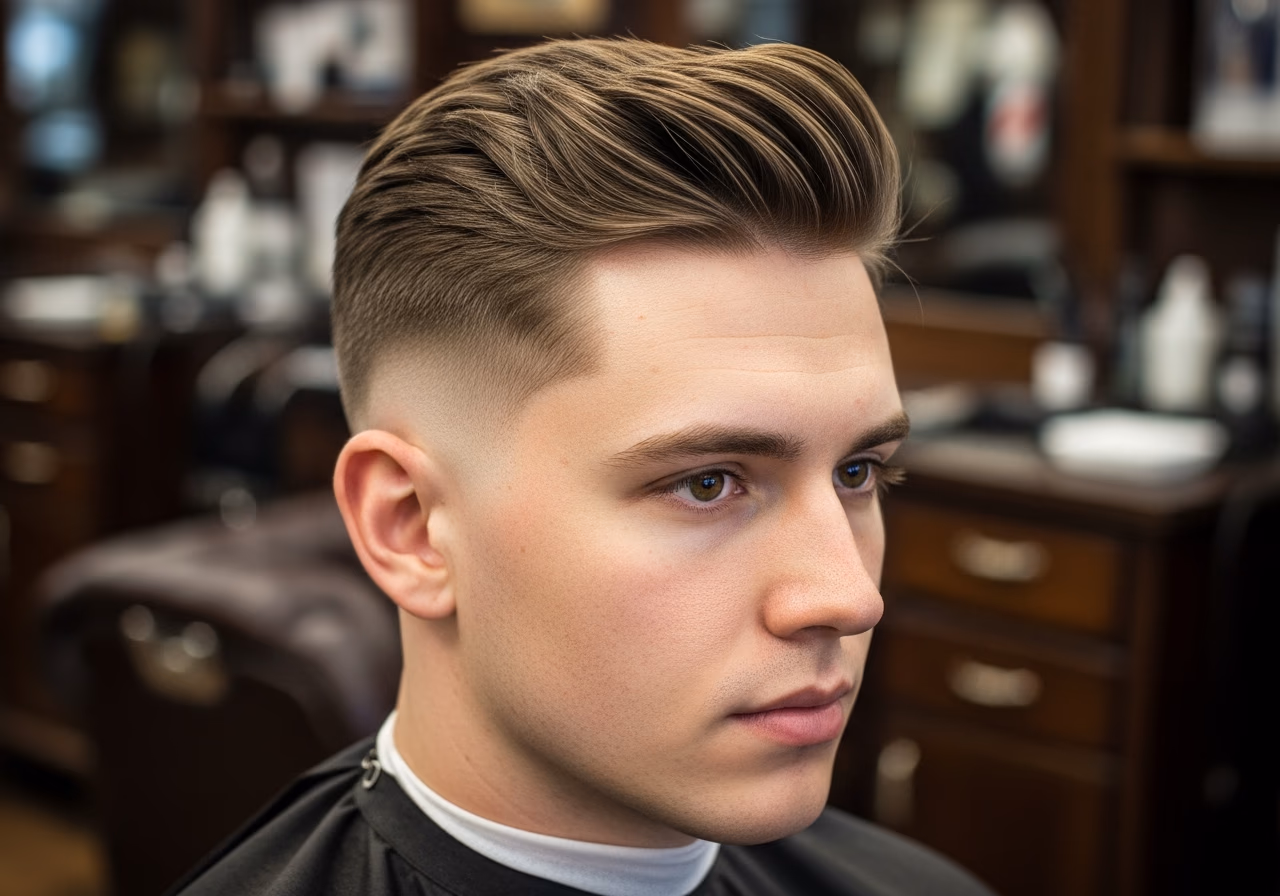 Drop Fade with Volume on Top hairstyle for men 2026 — diamond face fades & crops variation, best for diamond faces + straight or wavy hair, modern barbering by Master Stylist Jessica Hamilton