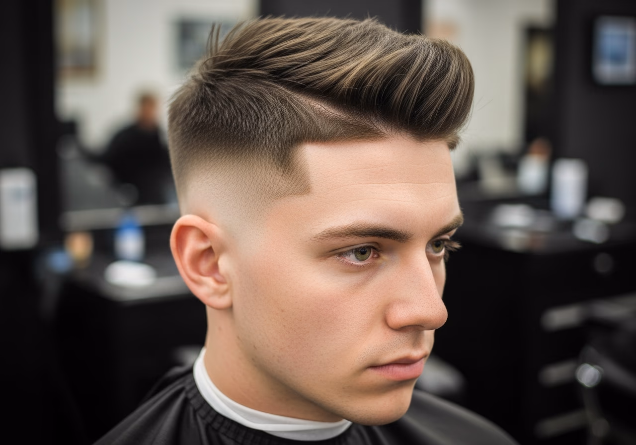 High Fade with Side-Swept Fringe hairstyle for men 2026 — diamond face fades & crops variation, best for diamond faces + straight hair, modern barbering by Master Stylist Jessica Hamilton