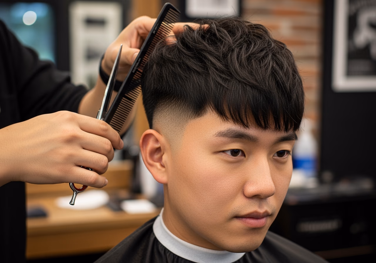 Korean Two-Block hairstyle for men 2026 — diamond face fades & crops variation, best for diamond faces + straight hair, modern barbering by Master Stylist Jessica Hamilton