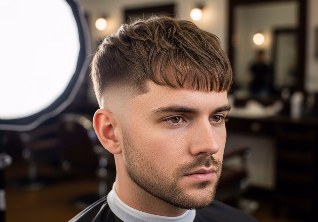 Low Fade with Curtain Fringe hairstyle for men 2026 — diamond face fades & crops variation, best for diamond faces + straight or wavy hair, modern barbering by Master Stylist Jessica Hamilton