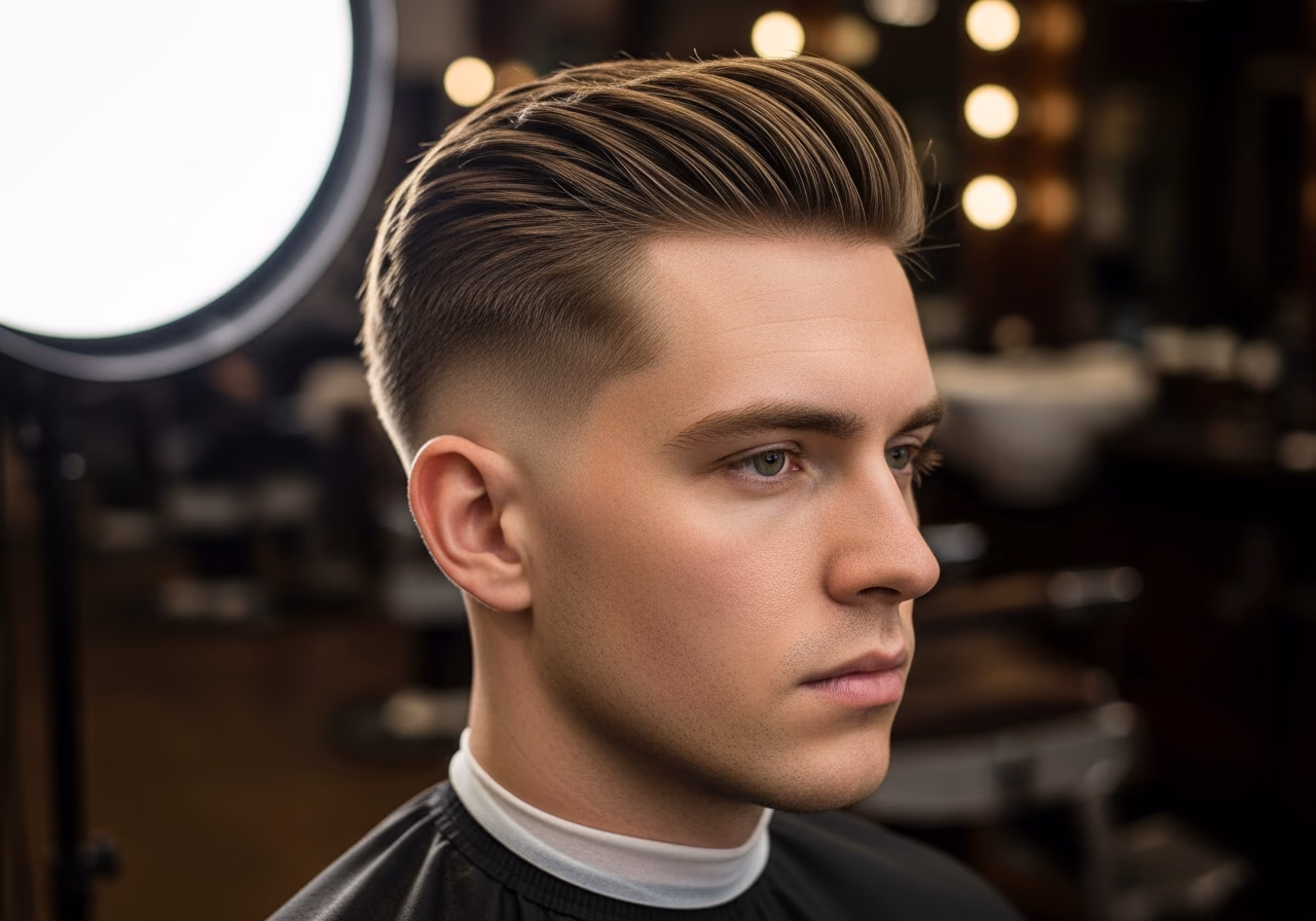 Medium Side Part Fade hairstyle for men 2026 — diamond face fades & crops variation, best for diamond faces + straight hair, modern barbering by Master Stylist Jessica Hamilton