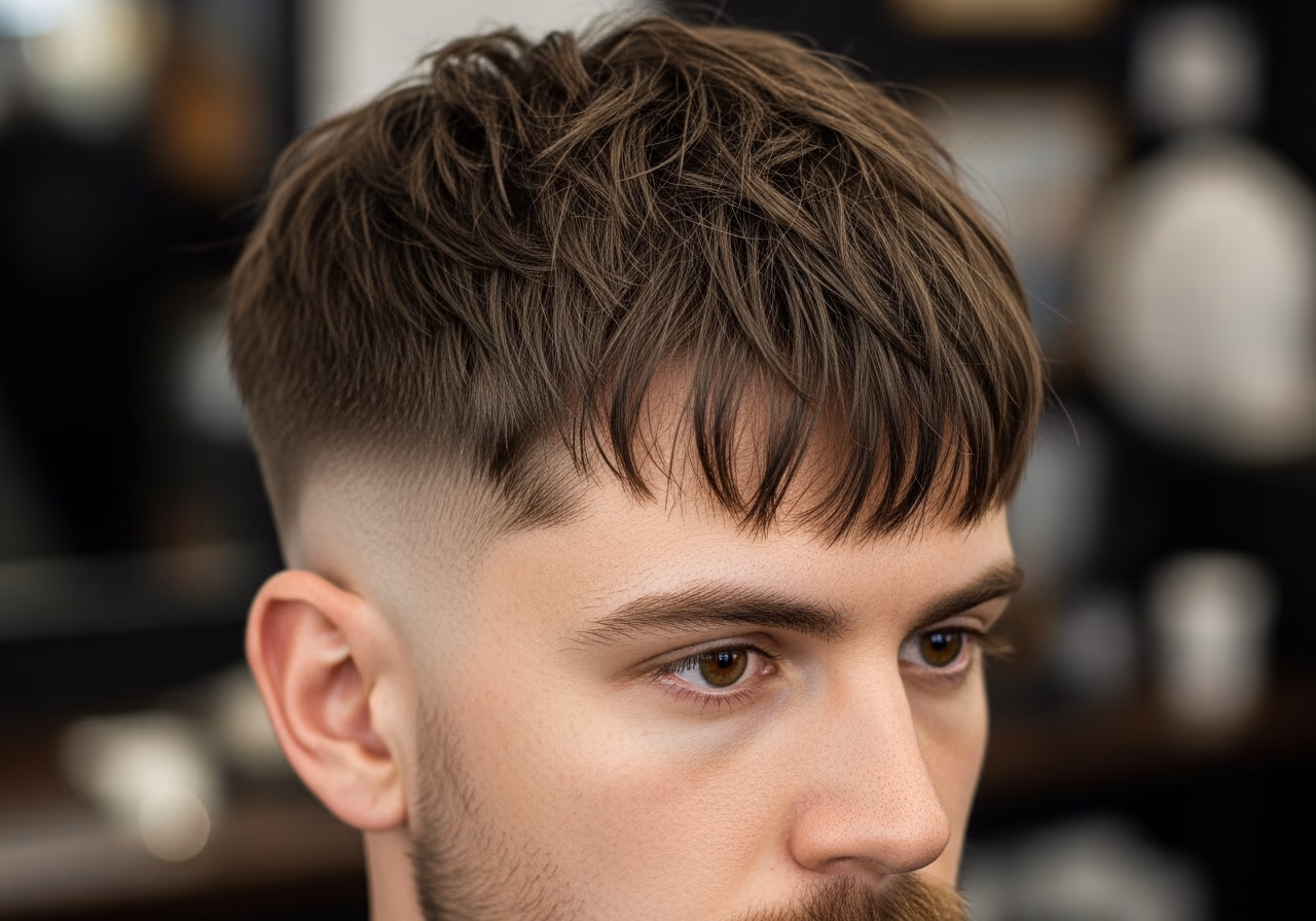 Messy Fringe Crop hairstyle for men 2026 — diamond face fades & crops variation, best for diamond faces + all hair types, modern barbering by Master Stylist Jessica Hamilton