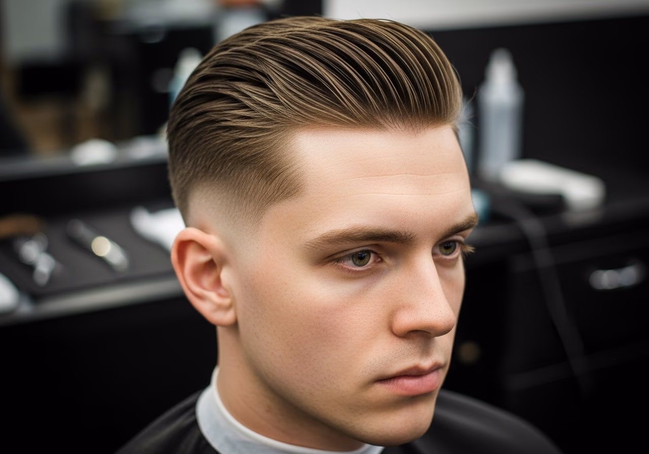Slick Back Crop with Temple Texture hairstyle for men 2026 — diamond face fades & crops variation, best for diamond faces + straight hair, modern barbering by Master Stylist Jessica Hamilton
