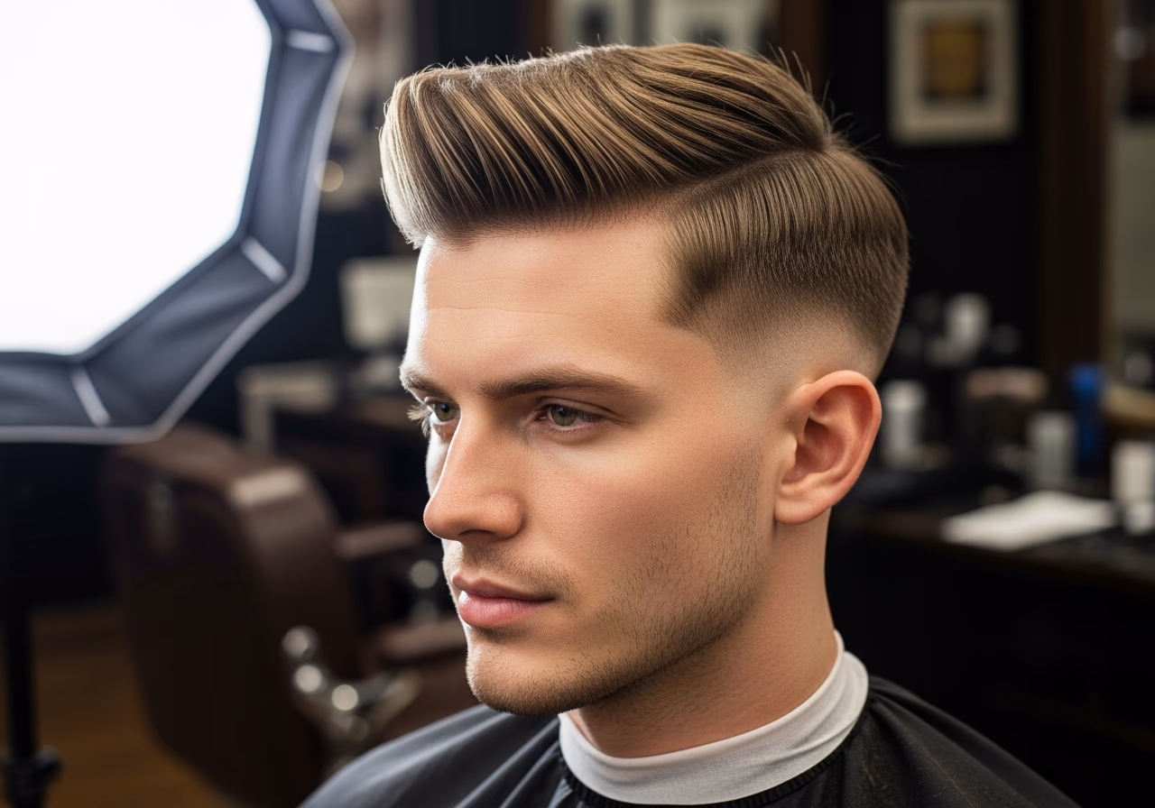 Textured Pompadour Low Fade hairstyle for men 2026 — diamond face fades & crops variation, best for diamond faces + straight or wavy hair, modern barbering by Master Stylist Jessica Hamilton