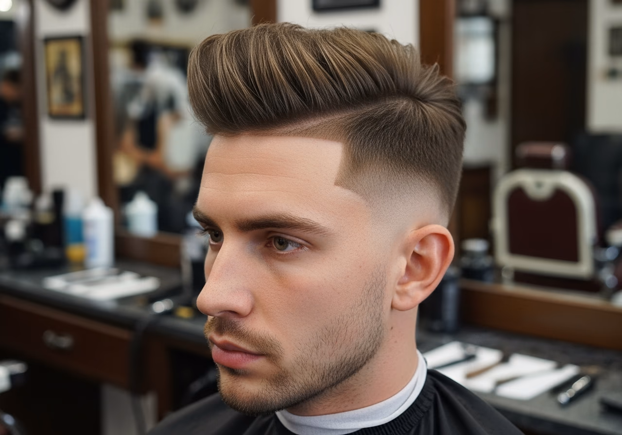 Volume Quiff Low Fade hairstyle for men 2026 — diamond face fades & crops variation, best for diamond faces + fine hair, modern barbering by Master Stylist Jessica Hamilton