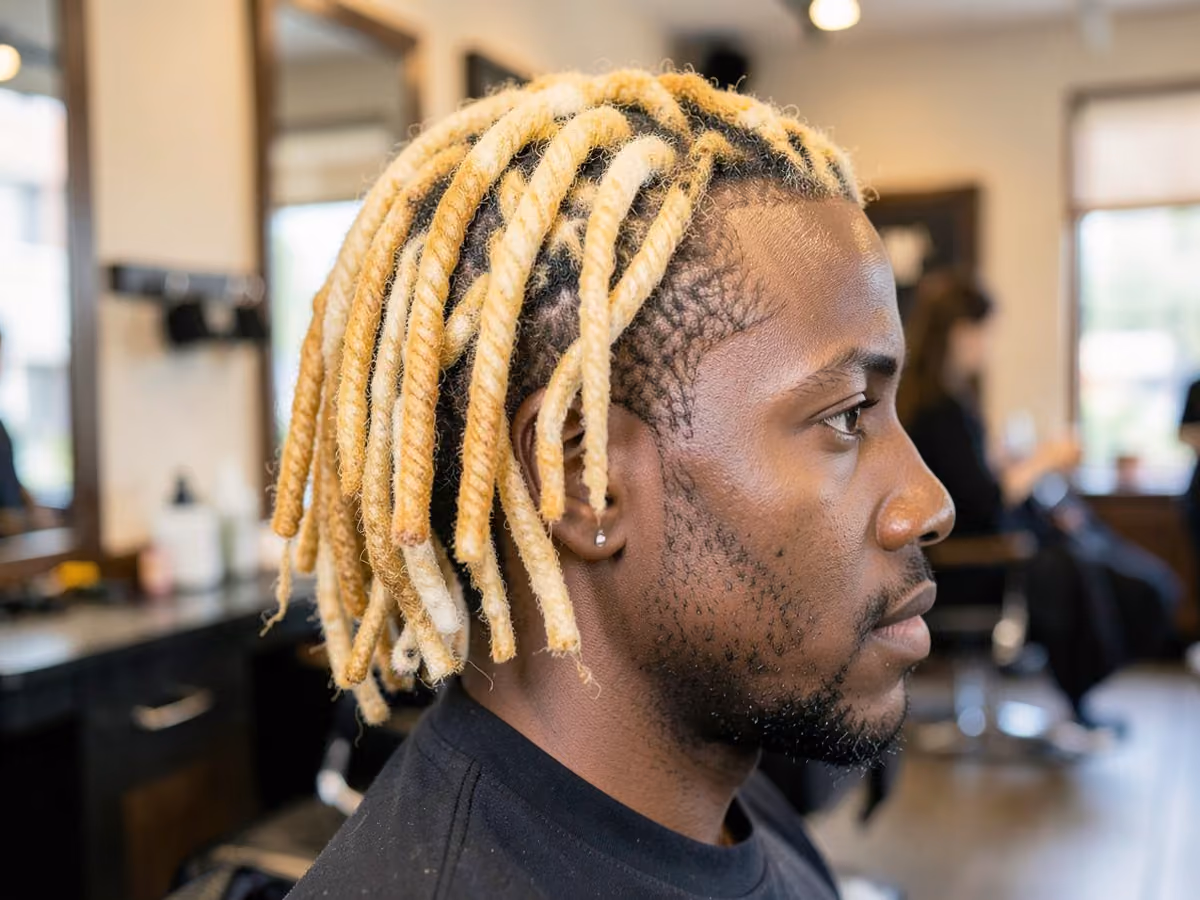 Man with a blonde dreads haircut