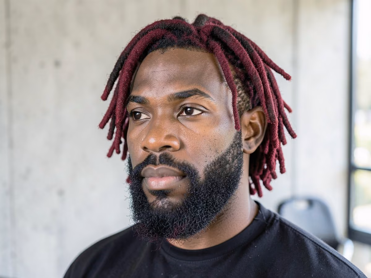 Man with a burgundy locs haircut
