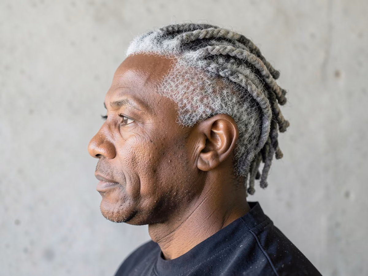 Man with a gray locs haircut