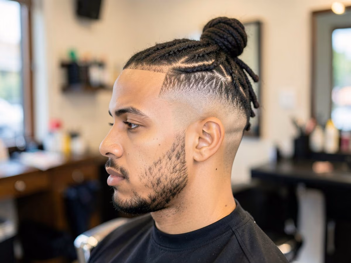 Man with a loc top knot with fade