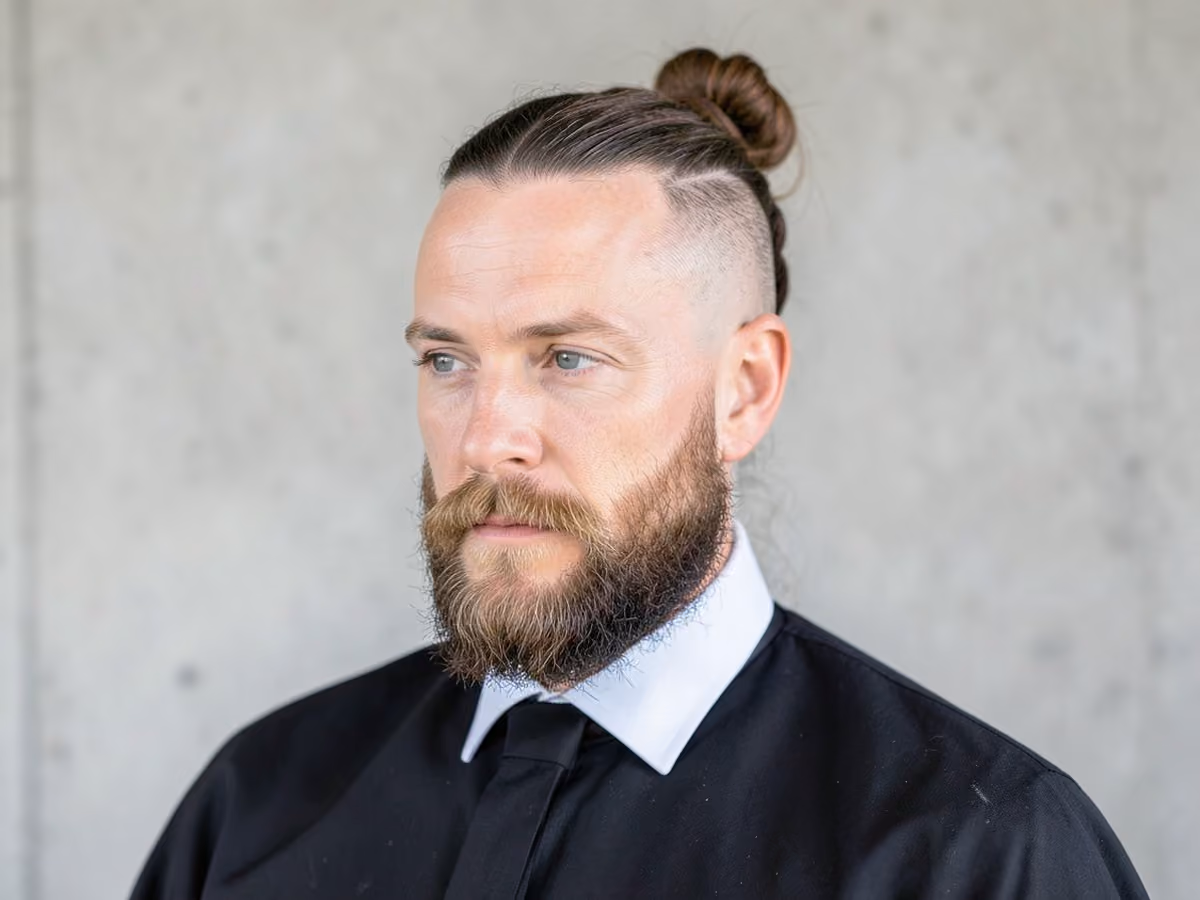 Man with a low loc bun haircut