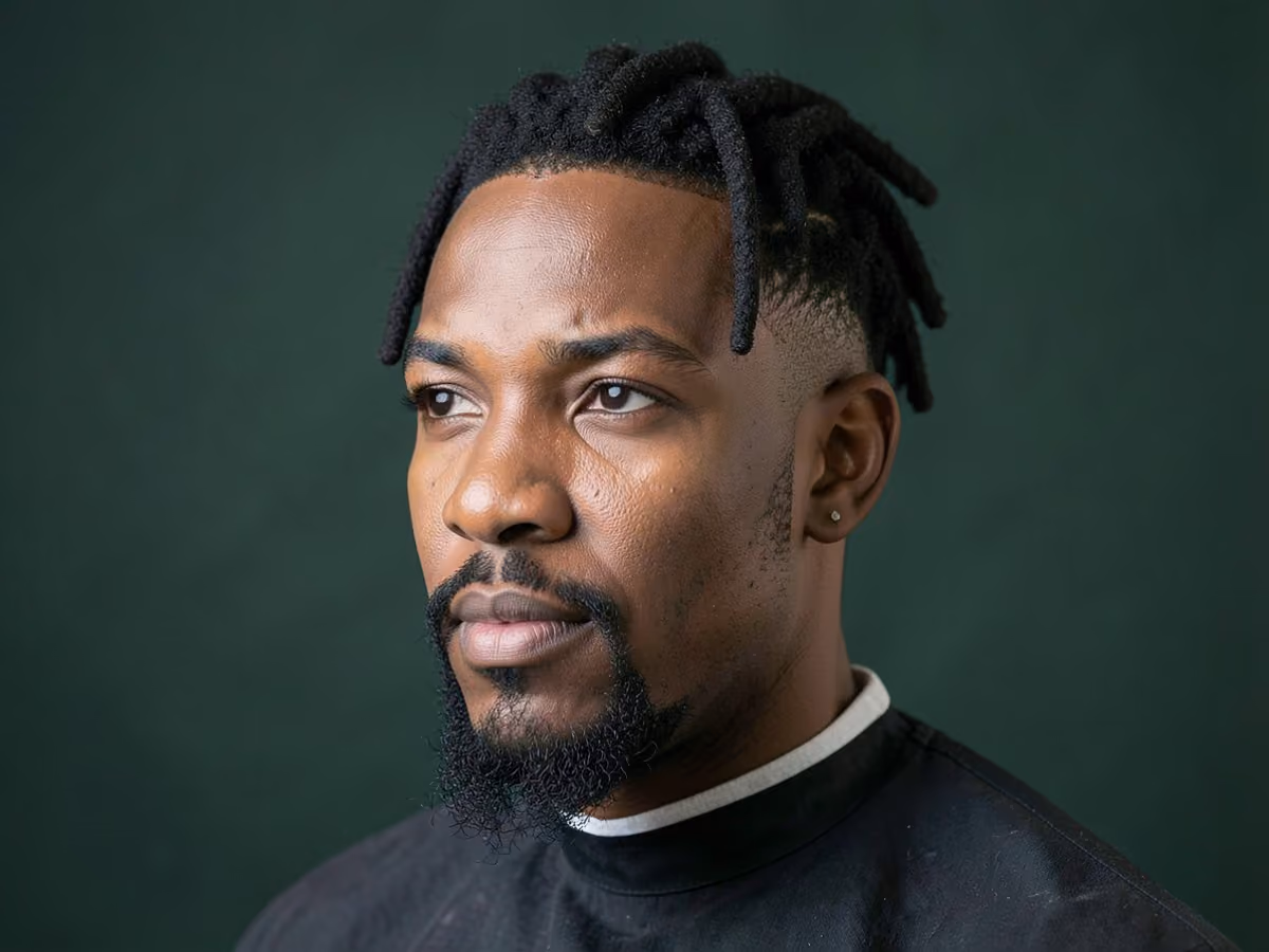 Man with a short dreads with goatee haircut