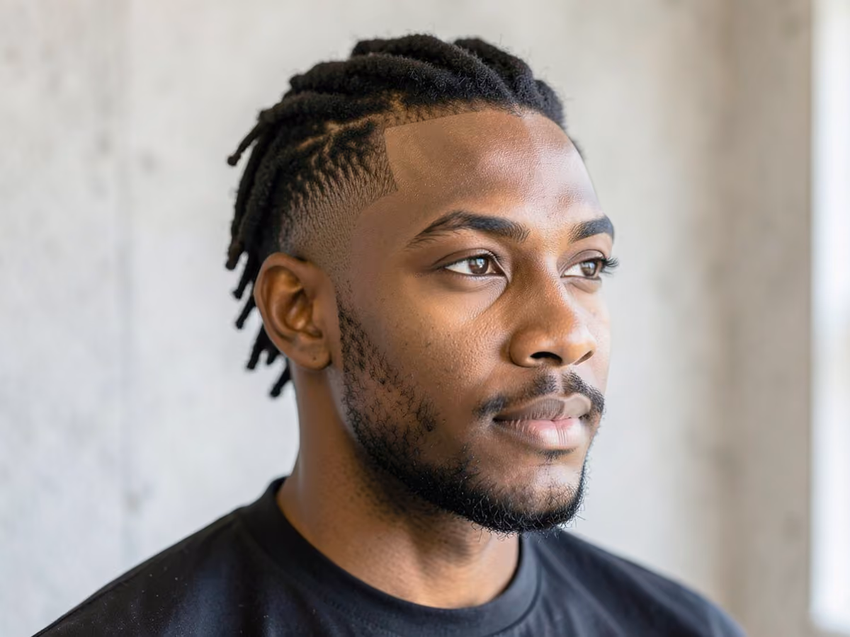 Man with a short dreads with mid taper haircut