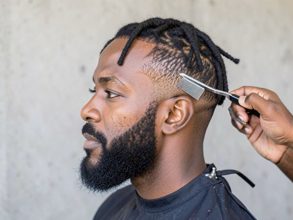 Man with a short dreads with side part