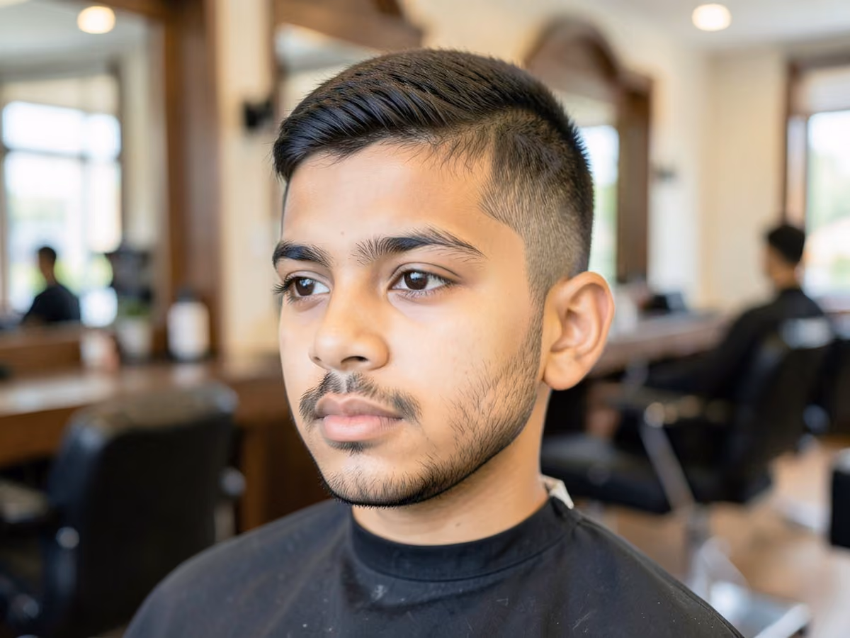 Boy with an e-boy haircut with stubble