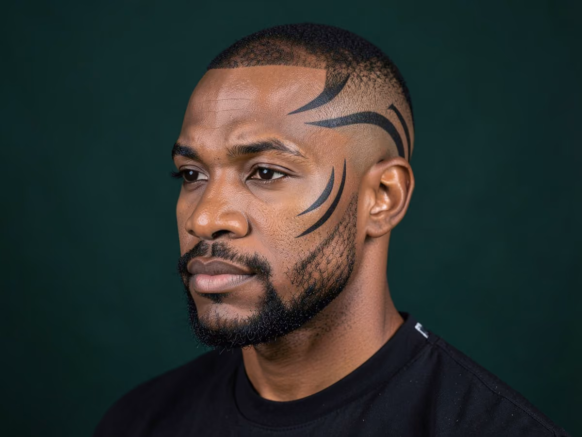 Man with a bald fade with tribal design