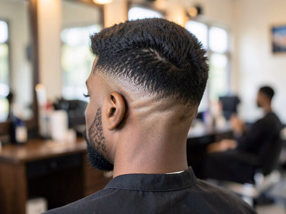 Man with a brush cut with mid fade