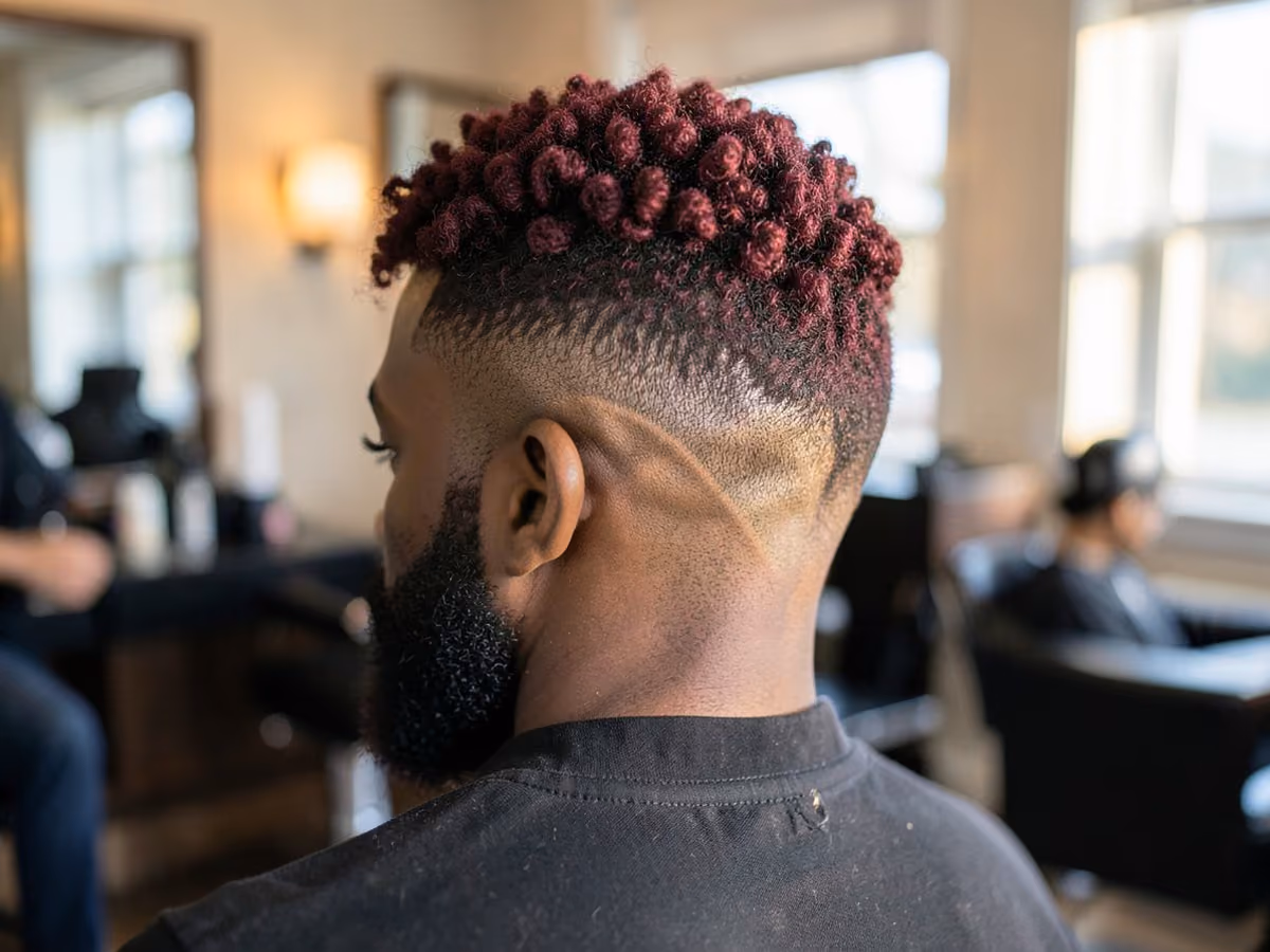 Man with a burgundy coils with drop fade