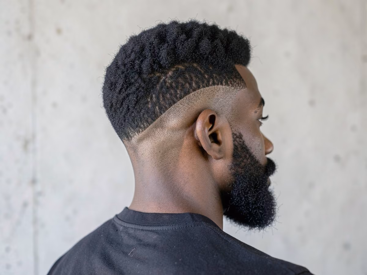 Man with a burst fade with short afro