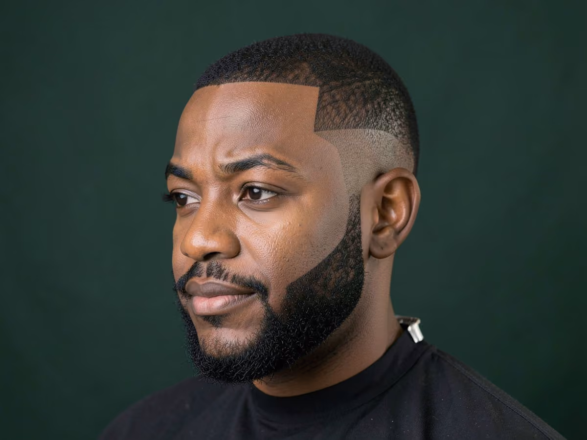 Man with a drop fade with boxed beard