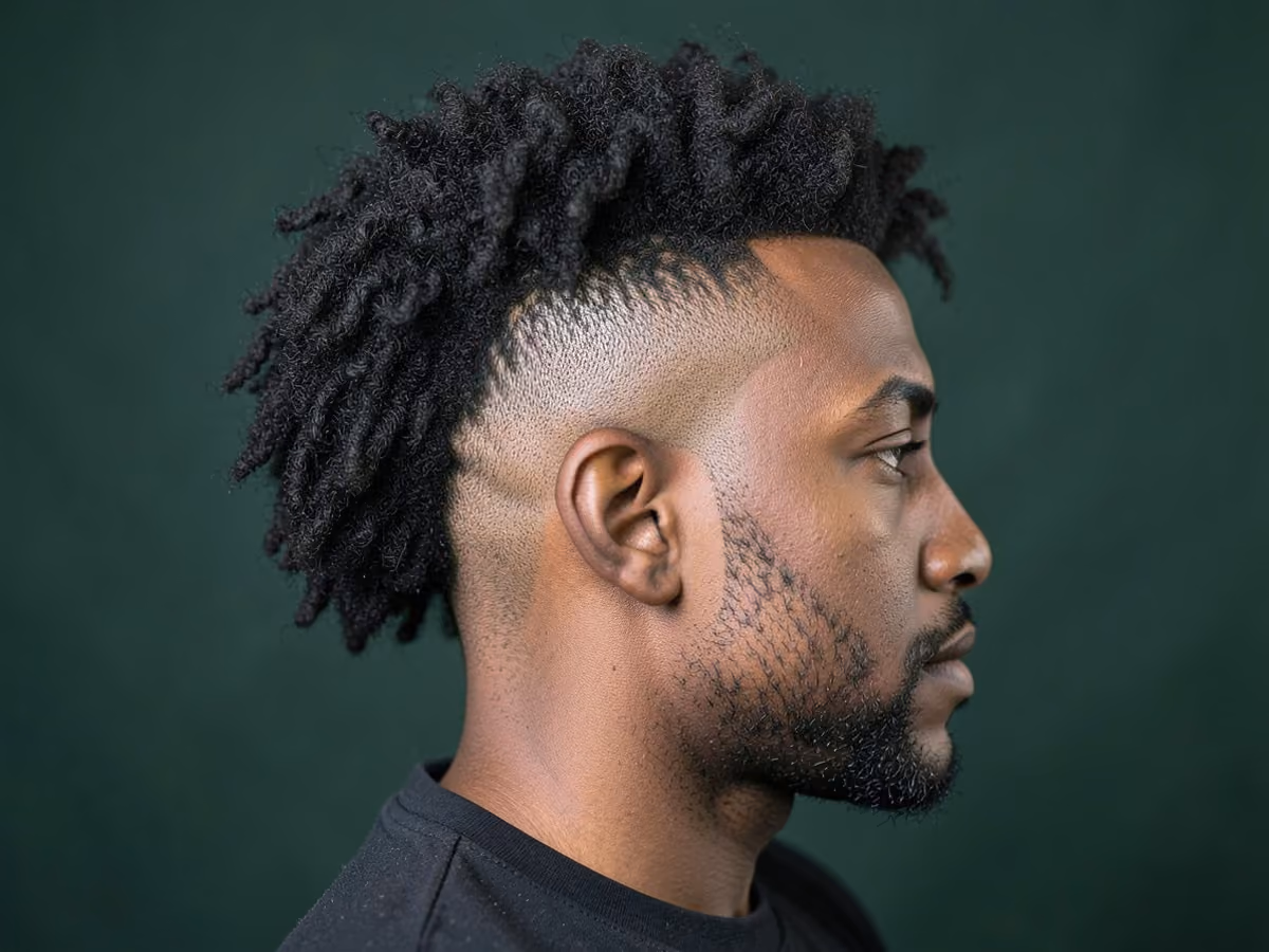 Man with a kinky afro with mid bald fade