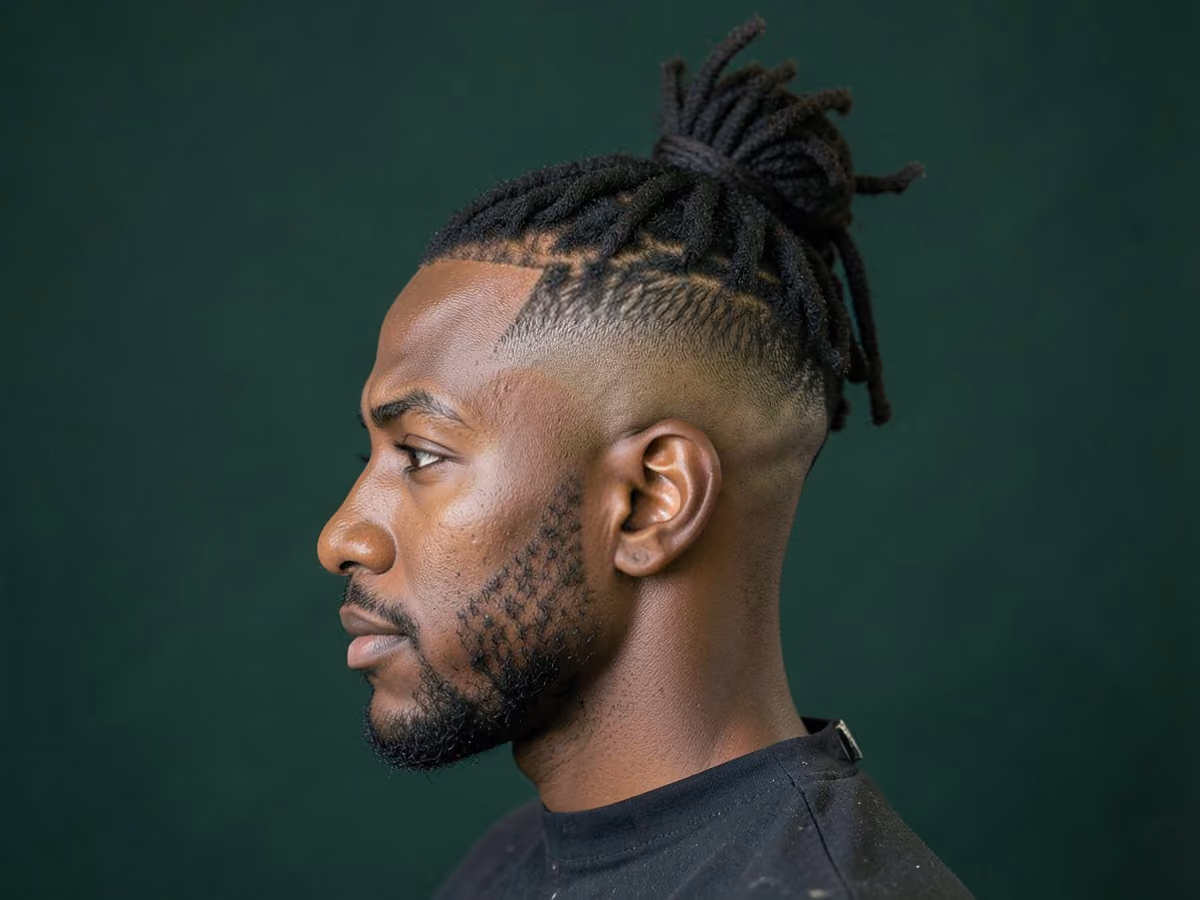 Man with a loc bun with high fade