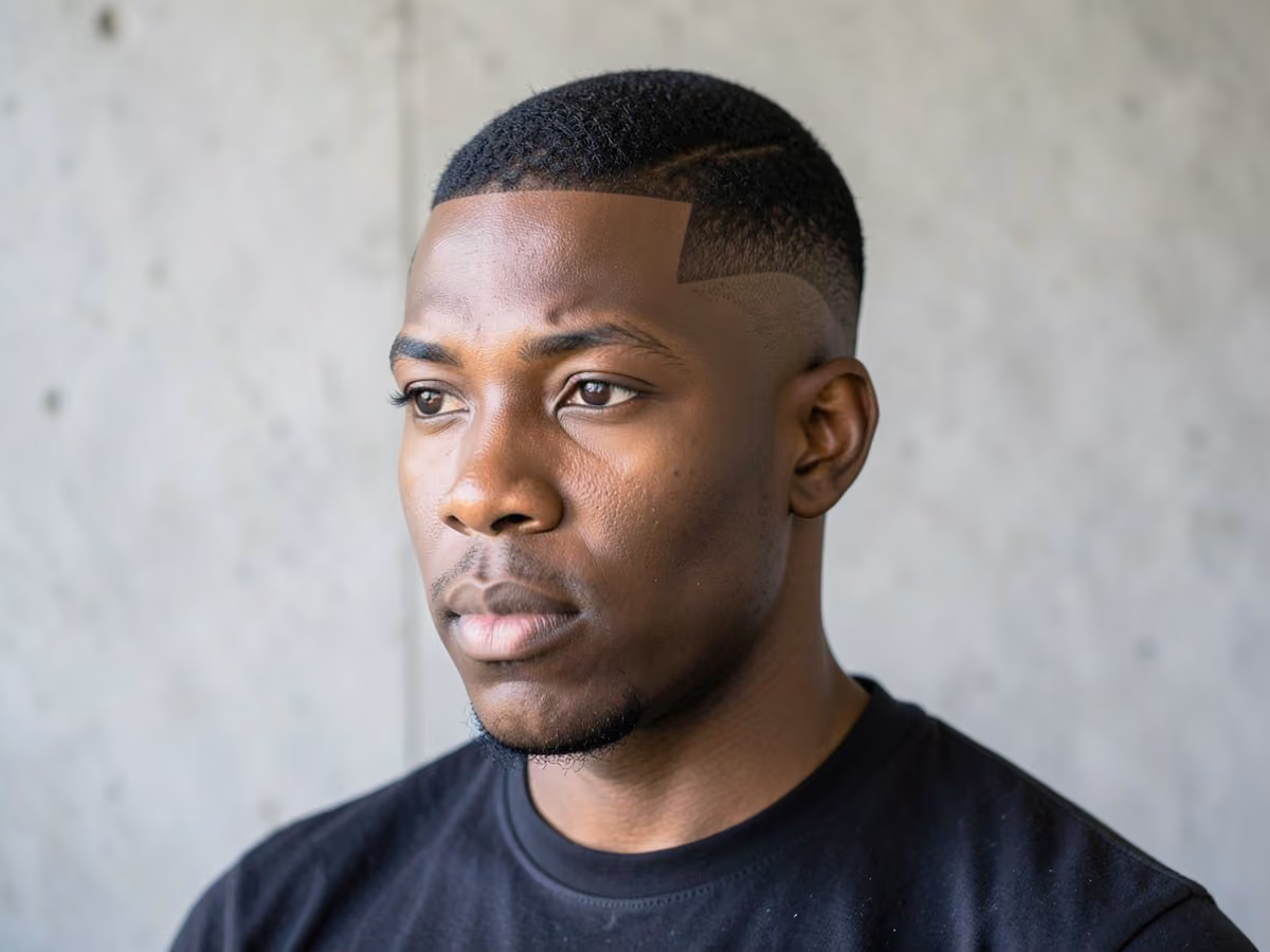Man with a low fade with curved design