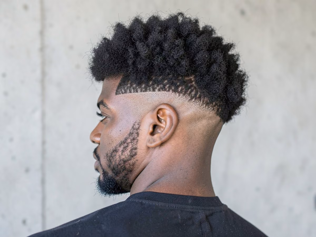 Man with a low fade with picked afro