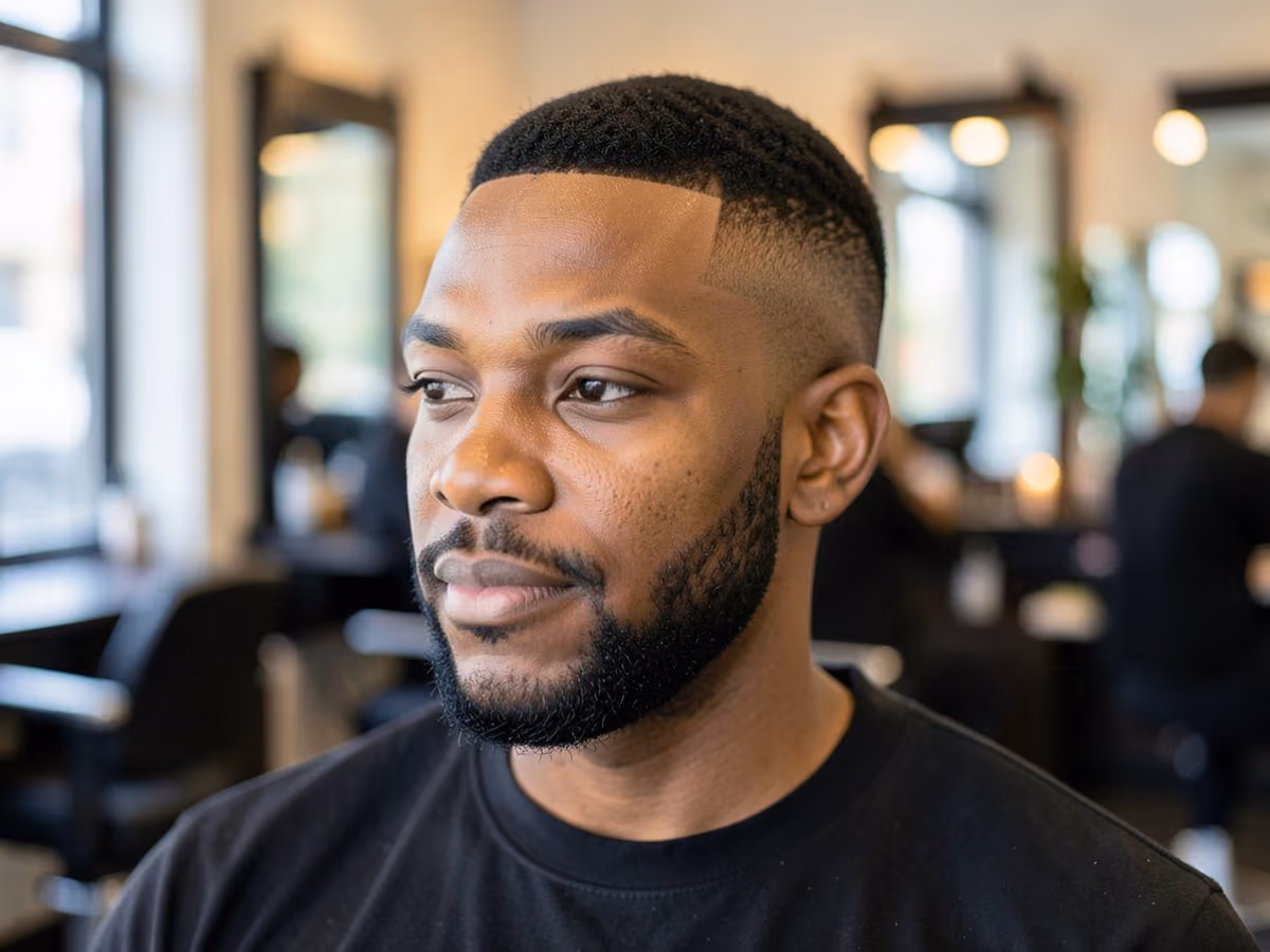Man with a mid fade with soft line up
