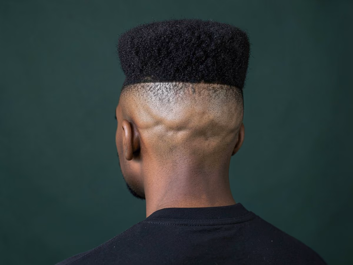 Man with a short high top with bald fade