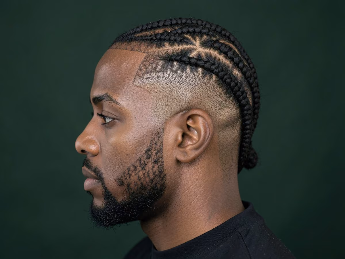 Man with a straight back cornrows with fade