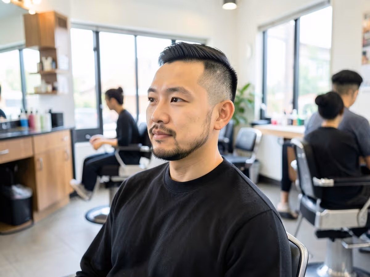 Side view of a men's fade haircut blending from skin to a longer top