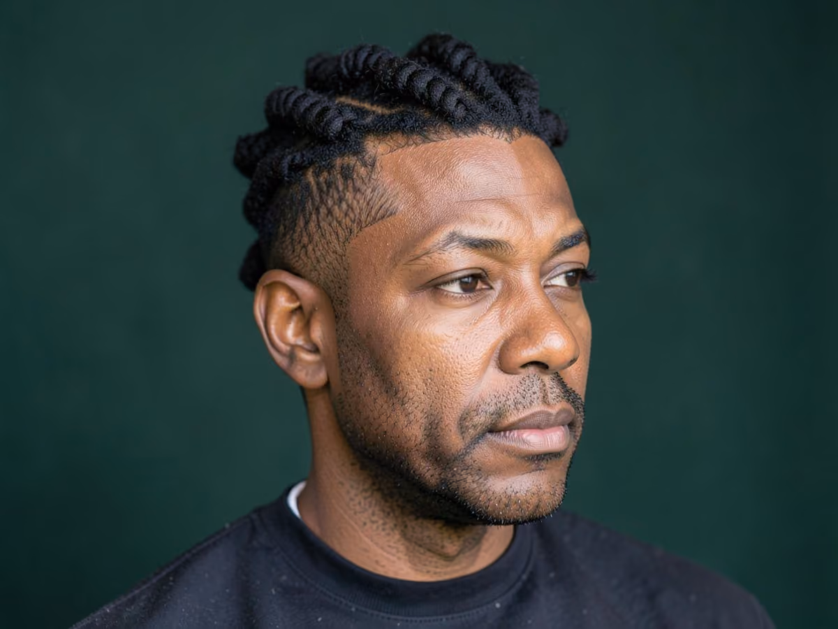 Man with a flat top with twists