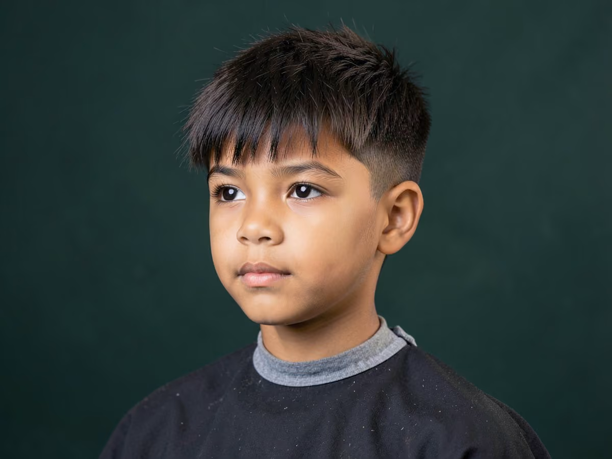 Boy with a boys fluffy fringe haircut