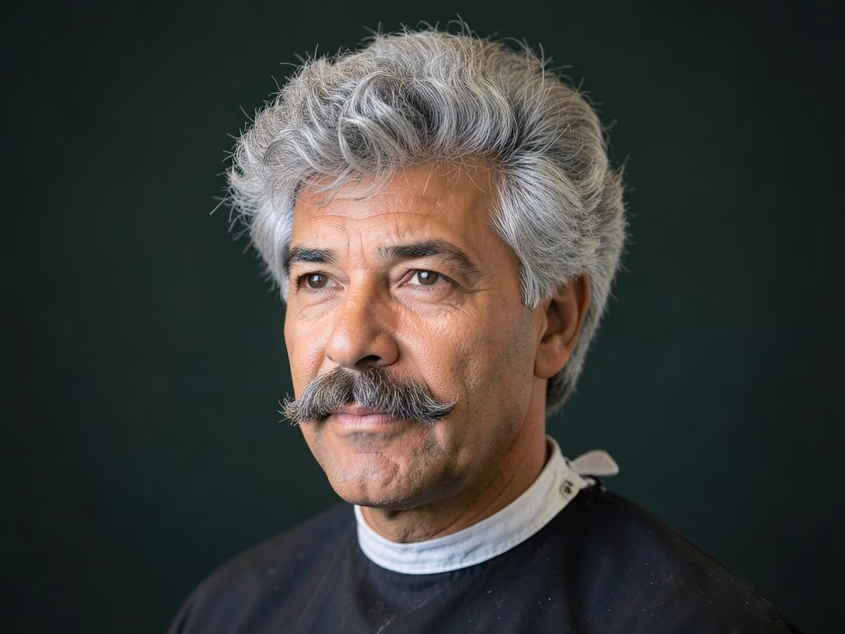 Man with a fluffy hair with mustache
