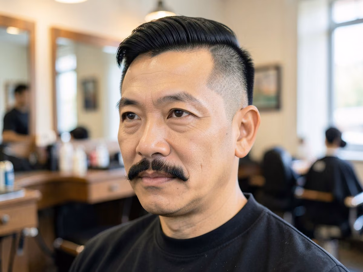 Man with a frat haircut with mustache