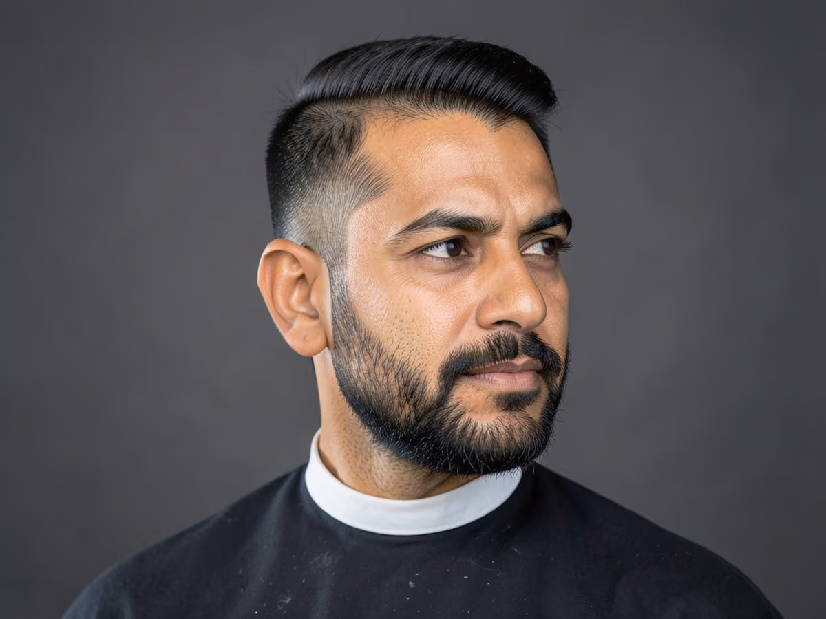 Man with a frat haircut with short beard