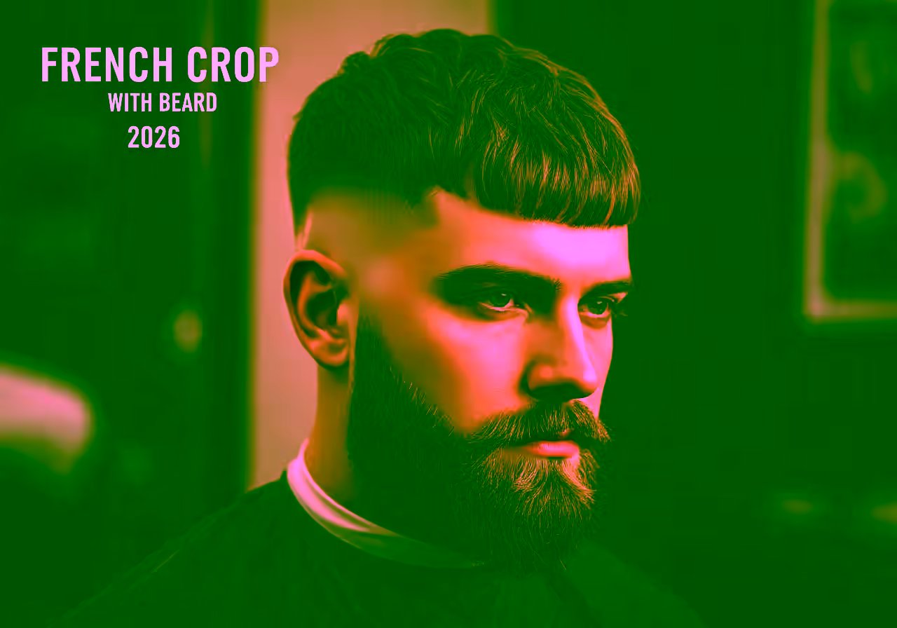French Crop with Beard hairstyle for men 2026 — french crop variation, best for all faces + any hair type, modern barbering by Master Stylist Jessica Hamilton