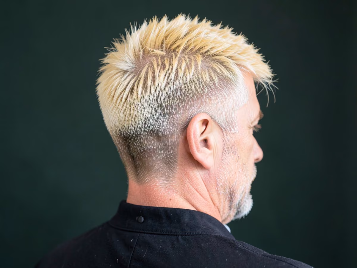 Man with a blonde french crop haircut