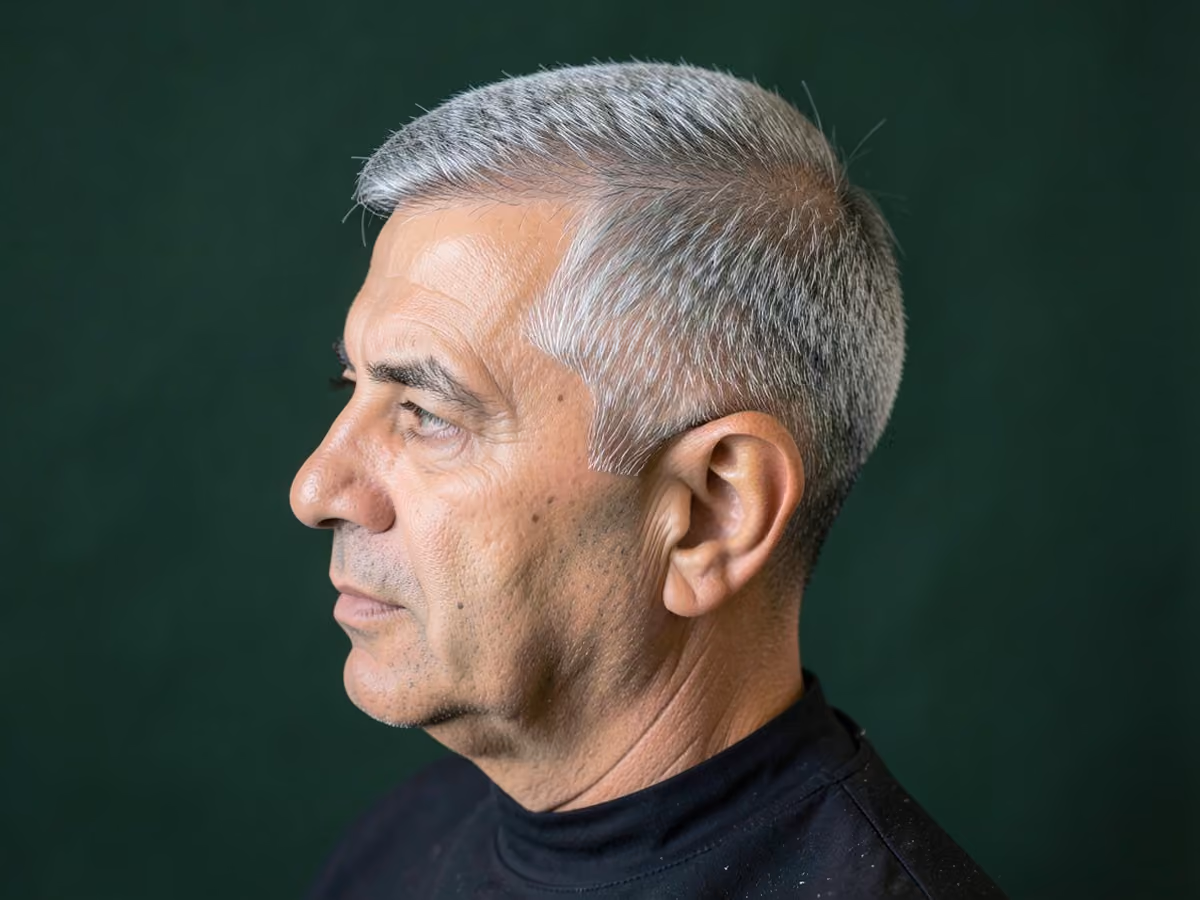 Man with a blunt french crop haircut